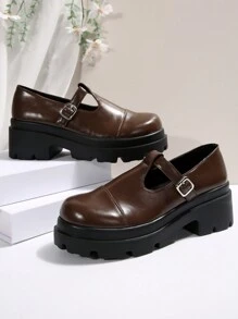 Thick Bottom Wedge Heel Brown Round Toe Platform Oxfords, Waterproof, Thick Sole, Retro College Style Low Heel Square Toe Fashion Buckle Strap Loafers For Women - Brown - View 6