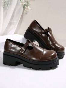Thick Bottom Wedge Heel Brown Round Toe Platform Oxfords, Waterproof, Thick Sole, Retro College Style Low Heel Square Toe Fashion Buckle Strap Loafers For Women - Brown - View 5