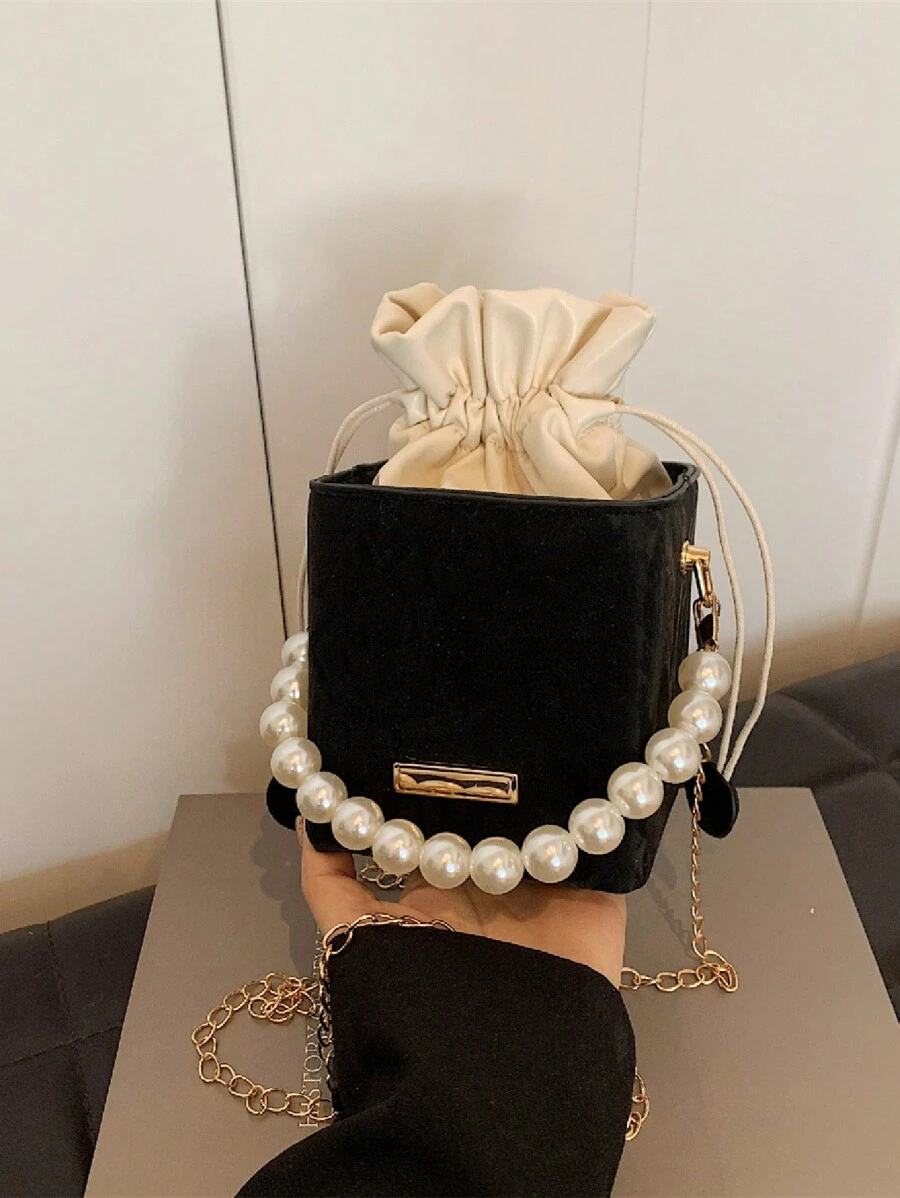 1pc Mini Pearl Chain Decor Solid Color PU Drawstring Crossbody Bag, Suitable For Women's Daily Use - Black - View 1