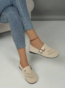 Women 2024 Flat Low-Heel Round Toe Wide Hollow One-Buckle Knitted Breathable Slip-On Beige Socks Shoes Comfortable Soft Sole All Season Loafers Plus Size