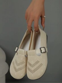 Women 2024 Flat Low-Heel Round Toe Wide Hollow One-Buckle Knitted Breathable Slip-On Beige Socks Shoes Comfortable Soft Sole All Season Loafers Plus Size
