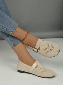 Women 2024 Flat Low-Heel Round Toe Wide Hollow One-Buckle Knitted Breathable Slip-On Beige Socks Shoes Comfortable Soft Sole All Season Loafers Plus Size