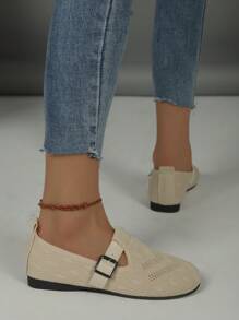 Women 2024 Flat Low-Heel Round Toe Wide Hollow One-Buckle Knitted Breathable Slip-On Beige Socks Shoes Comfortable Soft Sole All Season Loafers Plus Size