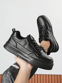(Tamanho Pequeno) Tênis Casuais Brancos Simples e Versáteis para Skate Masculino, Tênis Esportivos Leves e Confortáveis com Cadarço, Ideais para Combinar com Denim e Esportes - Preto - Visão 9