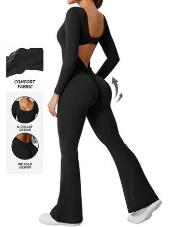 Yefecy Mujeres Mono Acampanado para Entrenamiento, Mono Deportivo de Manga Larga de Alta Elasticidad, Mono Sexy de Espalda Descubierta Ajustado para Gimnasio, Yoga Romper con Pliegues en el Trasero y Escote en V