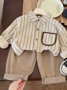 Young Boy Casual Vertical Striped Long Sleeve Shirt - Apricot - View 3