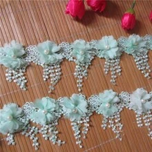 10/30/50pcs 3D Chiffon Flower Pearl Beaded Lace Edge Trim Ribbon 3-1/2" Width Vintage Style 5 Colors Edging Trimmings Fabric Embroidered Applique Sewing Craft Wedding Bridal Dress Party DIY Decor - Multicolor - View 5