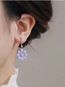 LUMIDIYA 1Pair Of Purple Chrysanthemum Flower Pendant Earrings, Multifunctional Minimalist Jewelry, Summer Earrings Creative Gift For Women And Girls - Purple - View 3