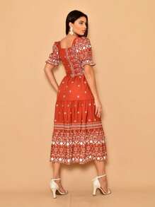 Helena Crepe Printed Midi Dress With Short Sleeves - Burnt Orange - View 5