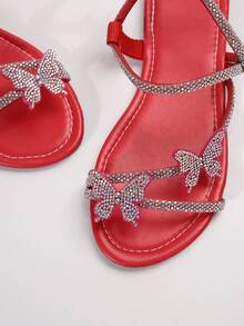 彩色水钻蝴蝶结装饰人字拖，女士两穿凉鞋，适合夏秋季节，适合约会、聚会、派对、通勤和商务 - 紅色 - 查看 8
