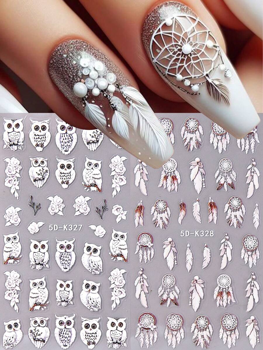 2 miếng dán móng tay hình cú bắt giấc mơ 5D hoạt hình dễ thương hình cú trắng lông chim hoa hồng mùa đông dập nổi hình dán móng tay tự dính trang trí móng tay DIY cho tiệm làm móng phụ kiện thiết kế - Nhiều màu - Xem 1