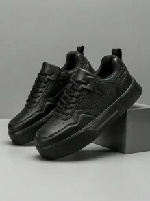 (Tamanho Pequeno) Tênis Casuais Brancos Simples e Versáteis para Skate Masculino, Tênis Esportivos Leves e Confortáveis com Cadarço, Ideais para Combinar com Denim e Esportes - Preto - Visão 3