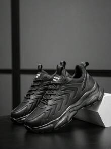 Minimalist Style Sports Sneakers With Front Lace-Up Closure For Men - Black - View 9