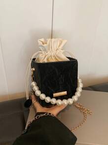 1pc Mini Pearl Chain Decor Solid Color PU Drawstring Crossbody Bag, Suitable For Women's Daily Use - Black - View 6