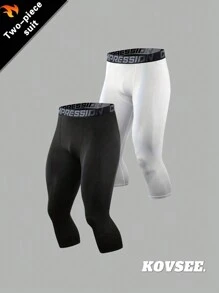 KOVSEE 2 件装紧身裤骑行运动训练七分裤健身透气高弹压缩裤跑步篮球健身白色黑色 - 彩色 - 查看 1
