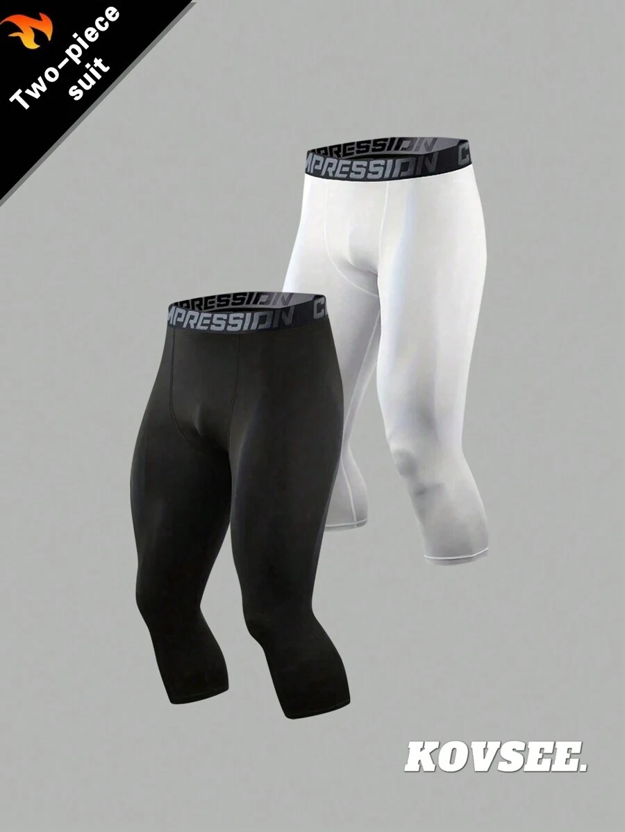 KOVSEE 2 件装紧身裤骑行运动训练七分裤健身透气高弹压缩裤跑步篮球健身白色黑色 - 彩色 - 查看 1