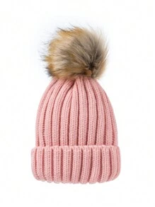 Gorro de punto de invierno para padres e hijos, con pompón esponjoso estilo coreano, gorro grueso y cálido para niños y niños pequeños - Gorro de punto con bolas de pelo sintético - Ver 9