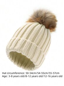 Gorro de punto de invierno para padres e hijos, con pompón esponjoso estilo coreano, gorro grueso y cálido para niños y niños pequeños - Gorro de punto con bolas de pelo sintético - Ver 3