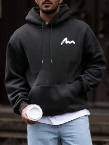 男士套头连帽衫，带抽绳，宽松版型，文字印花设计，适合秋冬季节，长袖上衣 - 黑色 - 查看 5