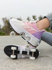 Zapatos De Patines Transformables, Patines En Línea Retráctiles De Cuatro Ruedas Para Estudiantes, Ruedas Dobles Y Zapatos Para Caminar A Prueba De Explosiones Con Cordones Abotonados, Usables Para Caminar - Rosa - Ver 8