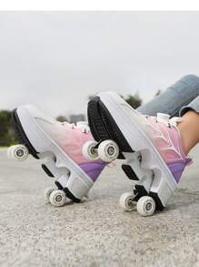 Zapatos De Patines Transformables, Patines En Línea Retráctiles De Cuatro Ruedas Para Estudiantes, Ruedas Dobles Y Zapatos Para Caminar A Prueba De Explosiones Con Cordones Abotonados, Usables Para Caminar - Rosa - Ver 1