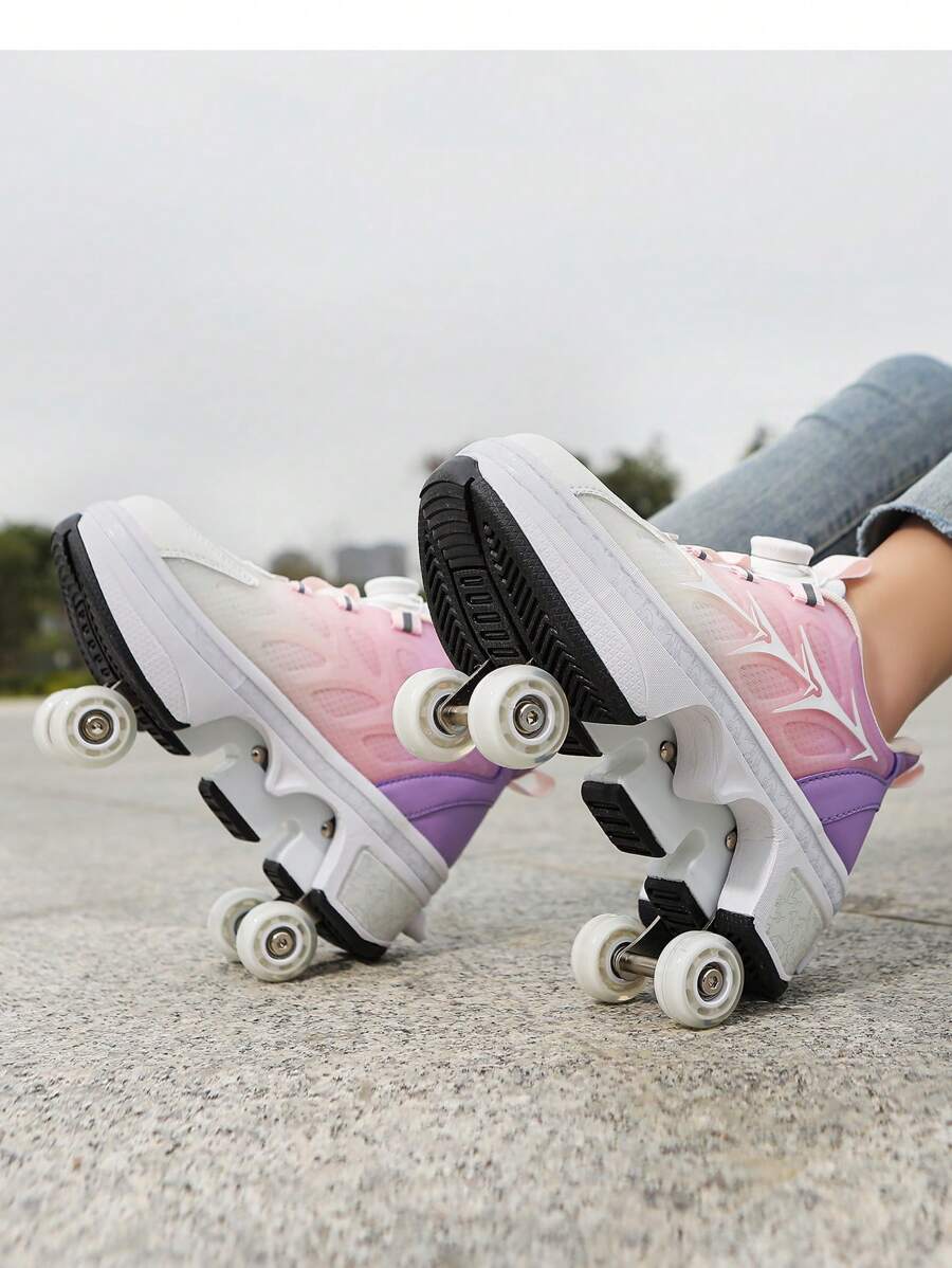 Zapatos De Patines Transformables, Patines En Línea Retráctiles De Cuatro Ruedas Para Estudiantes, Ruedas Dobles Y Zapatos Para Caminar A Prueba De Explosiones Con Cordones Abotonados, Usables Para Caminar - Rosa - Ver 1