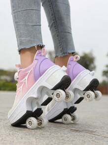 Zapatos De Patines Transformables, Patines En Línea Retráctiles De Cuatro Ruedas Para Estudiantes, Ruedas Dobles Y Zapatos Para Caminar A Prueba De Explosiones Con Cordones Abotonados, Usables Para Caminar - Rosa - Ver 9