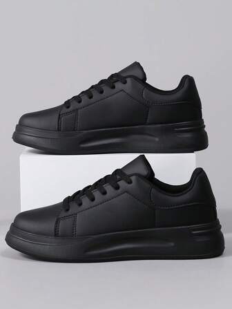 男式休闲圆头系带黑色运动鞋轻便软底防滑厚底运动鞋