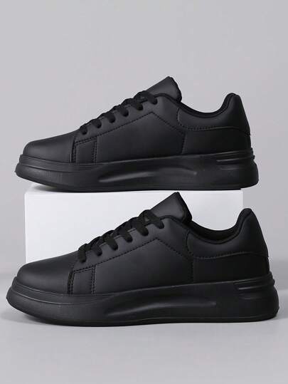 Men's Casual Round Toe Lace-Up Black Athletic Shoes Lightweight Soft Sole Non-Slip Thick Bottom Sneakers