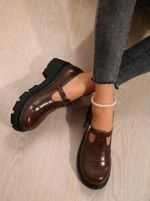 Thick Bottom Wedge Heel Brown Round Toe Platform Oxfords, Waterproof, Thick Sole, Retro College Style Low Heel Square Toe Fashion Buckle Strap Loafers For Women - Brown - View 2