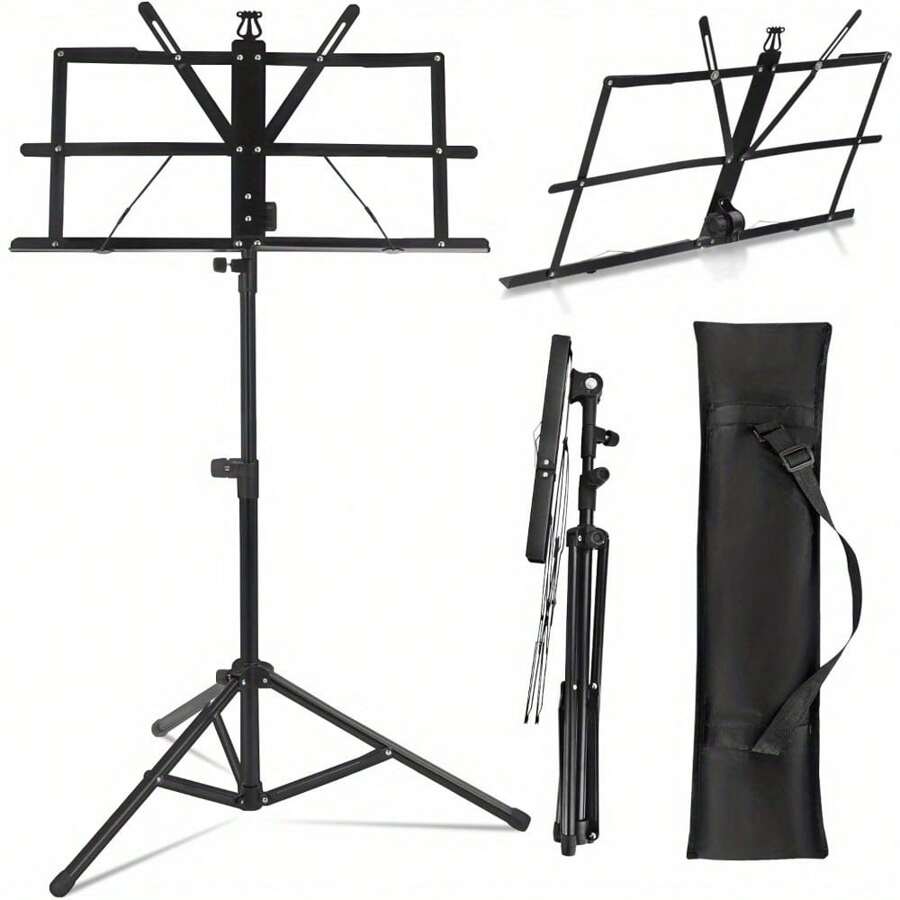 Music Stand Music Book Stand Music Stands For Sheet Music Adjustable Heights Sheet Music Stand Holder Portable Folding Metal Music Stand With Carrying Bag For Storage Or Travel (Black) - Black - View 1