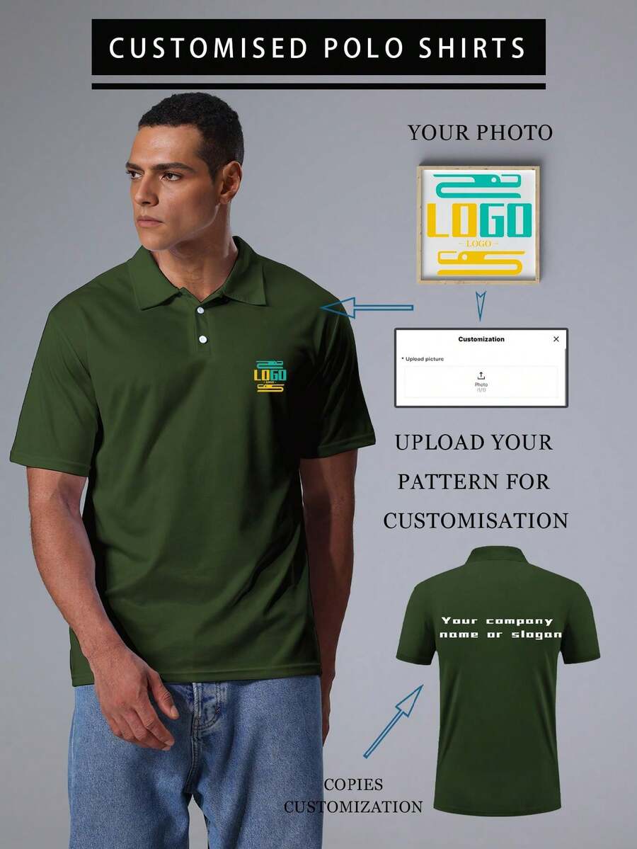 [Tùy chỉnh] Áo thun Polo nam phong cách bạn trai cá nhân hóa với logo nhỏ ở mặt trước, khẩu hiệu ở mặt sau, đường cắt thông minh - Vui lòng cung cấp thông tin của bạn để tùy chỉnh. Thường ngày, rộng rãi, thời trang - xanh quân đội - Xem 1