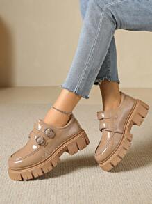 女式厚底系带厚底鞋，朋克/哥特式玛丽珍平底鞋 - 卡其色 - 查看 1