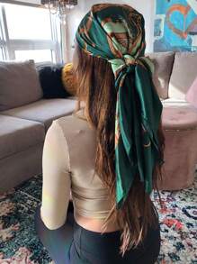 1 chiếc khăn vuông in màu xanh lá cây dành cho nữ dài 90cm, phụ kiện đội đầu thời trang khi đi dạo phố, du lịch, lễ hội âm nhạc Bandana - màu xanh lá - Xem 1