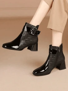 Women's Color Block Square Toe Fashion Ankle Boots, Autumn Winter Warm Comfortable Versatile Belt Buckle Chunky Heel Side Zip Patchwork Soft Leather  Boots