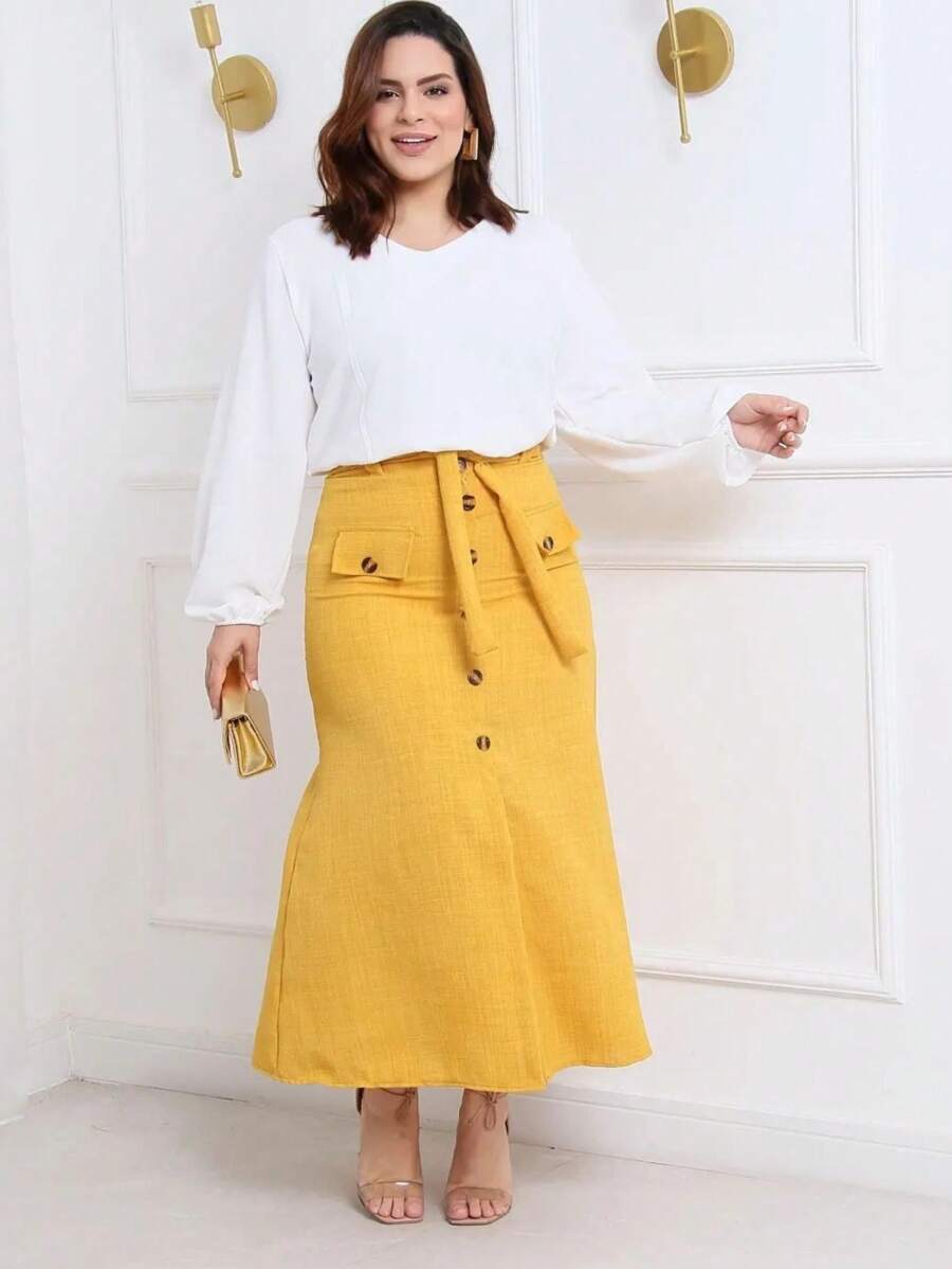 Long Evangelical Linen Skirt With Front Pocket, Adjustable Bow, High Waist With Buttons On The Front - Màu Mù tạt vàng - Xem 1