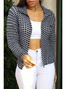 Women's Checkered Knit Blazer Jacket Winter Cold Weather Blouse - 黑色 - 查看 1