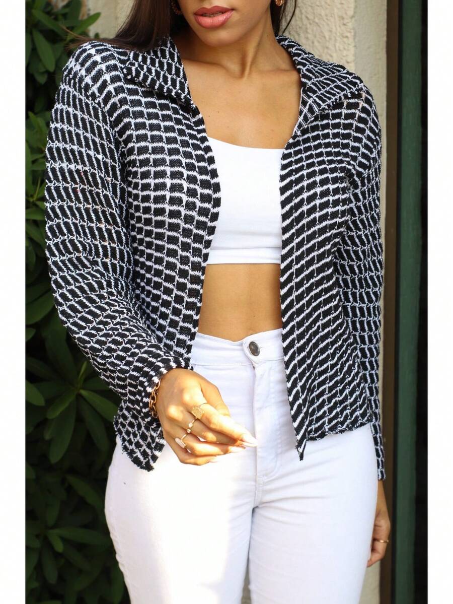 Women's Checkered Knit Blazer Jacket Winter Cold Weather Blouse - 黑色 - 查看 1