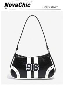 1 件时尚复古风格皮革拼布数码装饰女士单肩包，多功能，适合个性化、街头、运动、甜美酷炫、Y2K、格子、学院风、学校、约会、约会之夜、青少年 - 黑色 - 查看 1