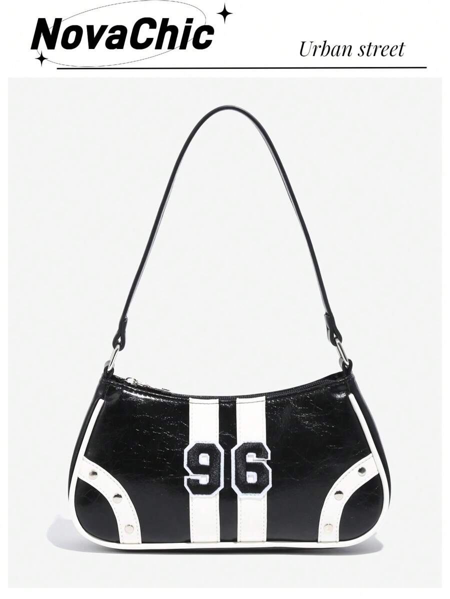 1 件时尚复古风格皮革拼布数码装饰女士单肩包，多功能，适合个性化、街头、运动、甜美酷炫、Y2K、格子、学院风、学校、约会、约会之夜、青少年 - 黑色 - 查看 1