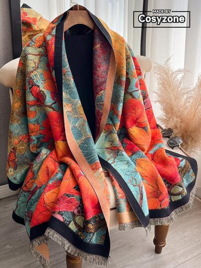 1 件复古风格花卉提花针织保暖围巾，适合女士，时尚百搭，适合秋冬季