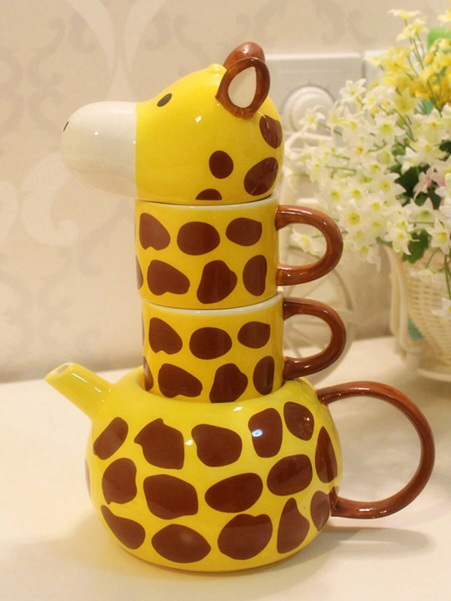 1pc Creative Cartoon Giraffe Ceramic Tea Set, 1 Teapot 2 Cups For Home Use, Birthday Gift Ceramic Cup - Giraffe - View 1