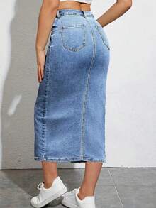 女士休闲长款牛仔开衩裙，带口袋和拉链，中等弹力面料