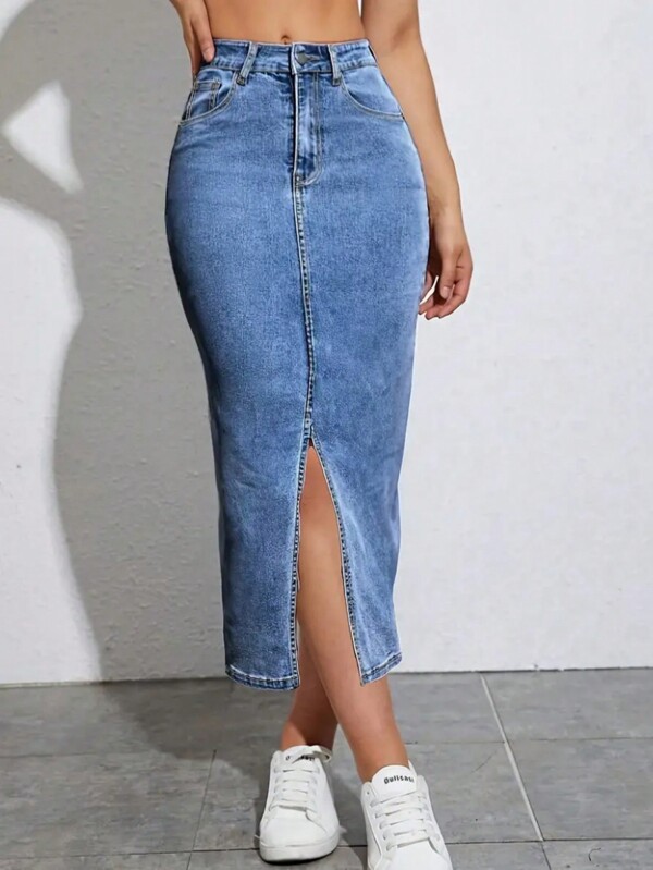 Modna damska elastyczna spódnica z kieszeniami, spódnica o średniej długości, swobodna, dopasowana