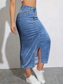 女士休闲长款牛仔开衩裙，带口袋和拉链，中等弹力面料