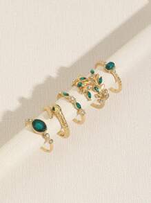 5 pièces/set Bague de serpent ornée de cristaux de strass imitant l'émeraude vintage et bague de feuille pour femmes