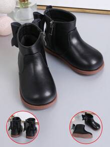 Toddler Girls' 1-3 Years Old Bowknot Zipper Round Toe Soft Sole Fashionable Boots, Flat Heel Crawler Shoes, Cute Baby Ankle Boots, Spring Autumn Winter - Black - View 1