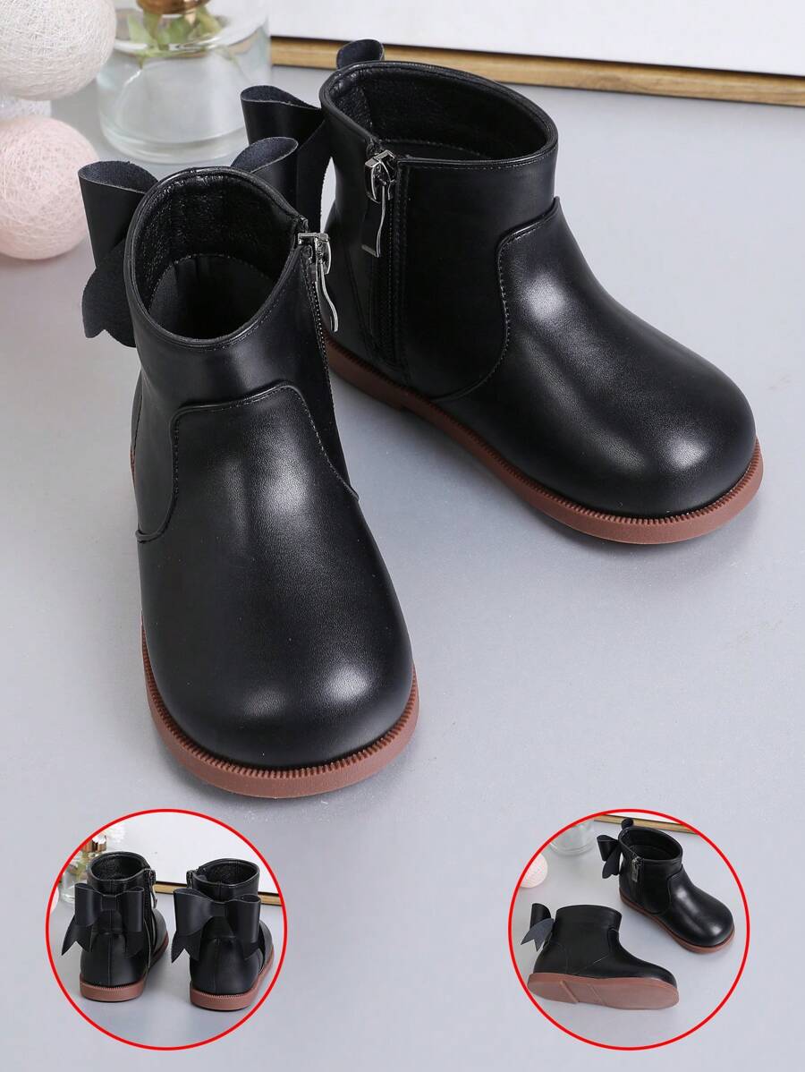 Toddler Girls' 1-3 Years Old Bowknot Zipper Round Toe Soft Sole Fashionable Boots, Flat Heel Crawler Shoes, Cute Baby Ankle Boots, Spring Autumn Winter - Black - View 1