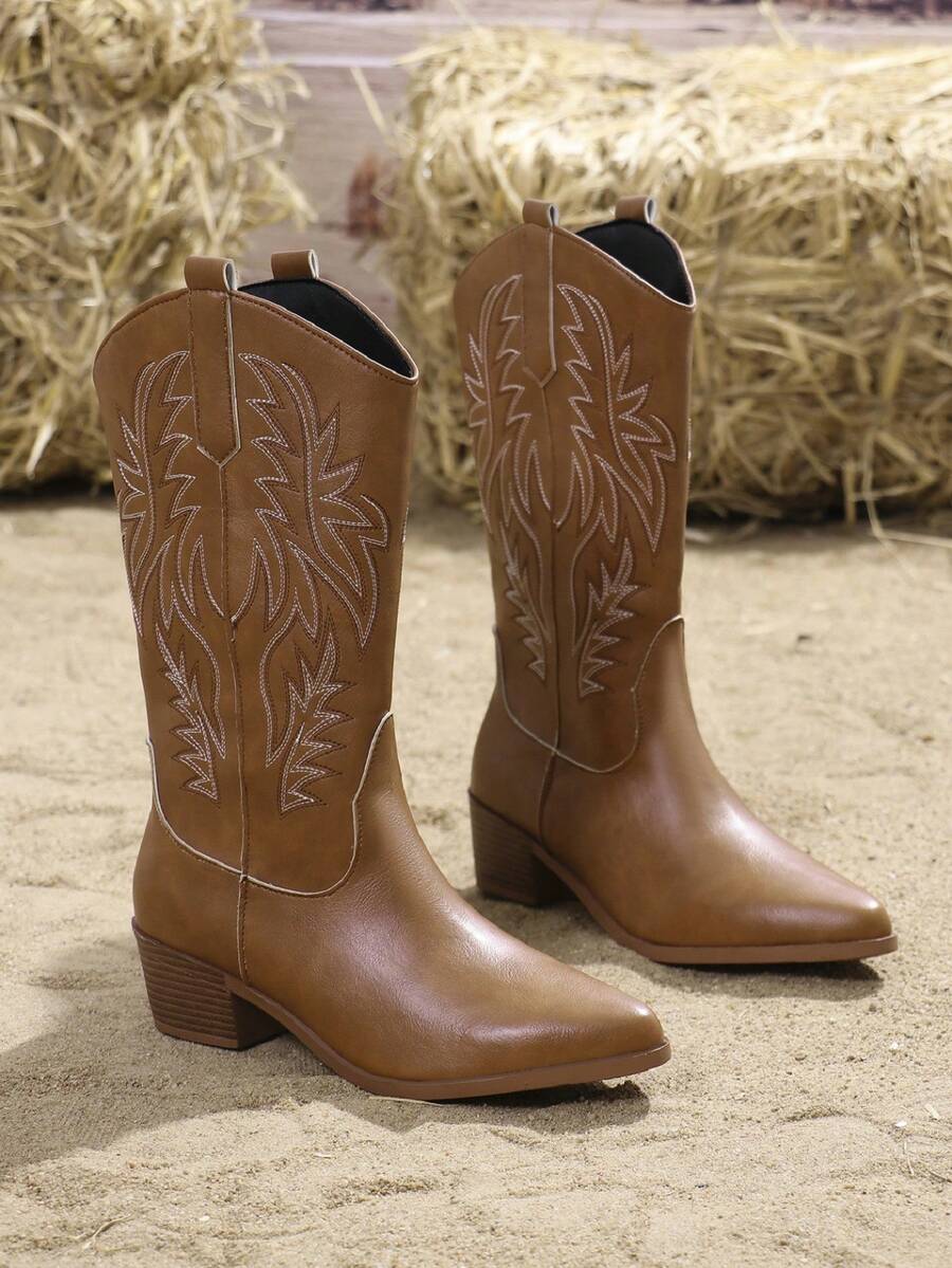 New Women Western Cowboy Boots, Pointed Toe Embroidery Chunky Heel Mid