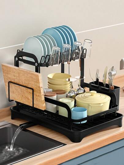 1pc Kitchen Sink Countertop Dish Drainer Bowl Plate Storage Rack, Cutlery Holder Organizer, Black